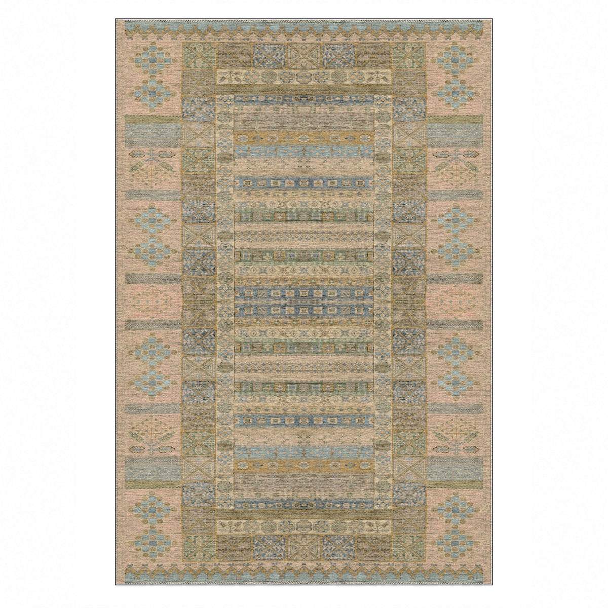 Tribal Stripe Cream Ethnic Washable Rug — top view