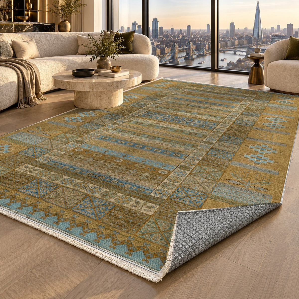 Tribal Stripe Muted Gold Ethnic Washable Rug — london luxury living