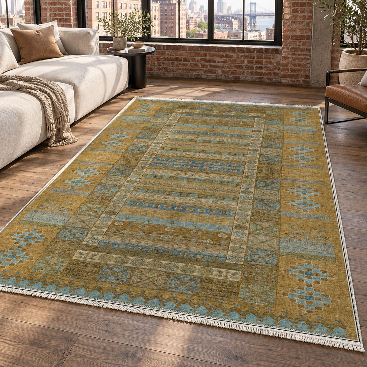 Tribal Stripe Muted Gold Ethnic Washable Rug — new york living