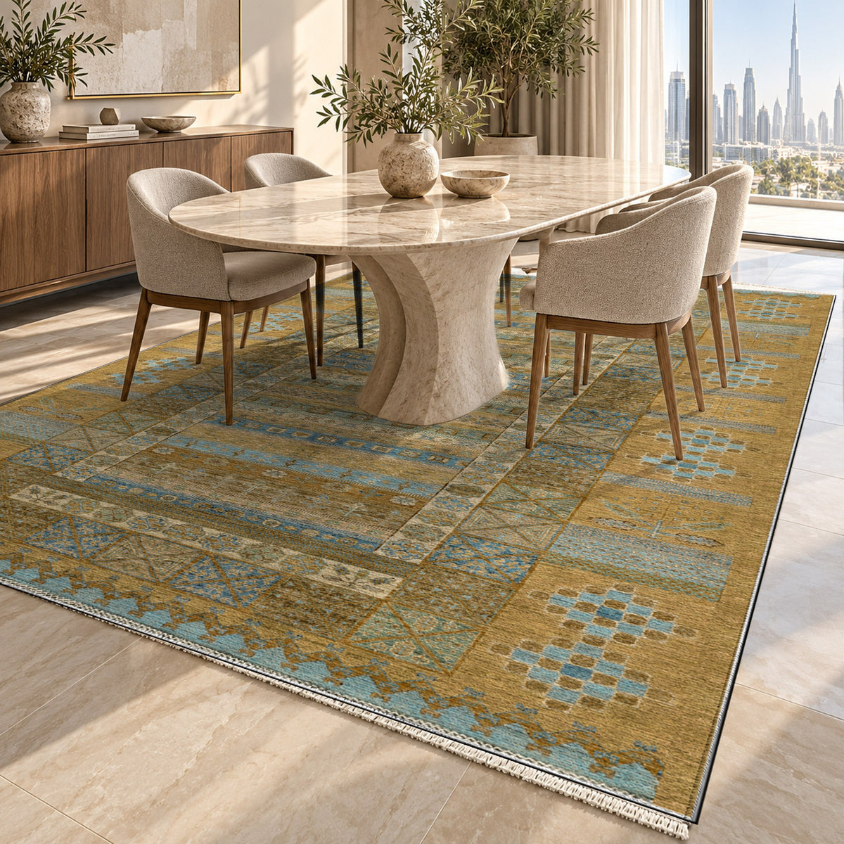Tribal Stripe Muted Gold Ethnic Washable Rug — dubai dining
