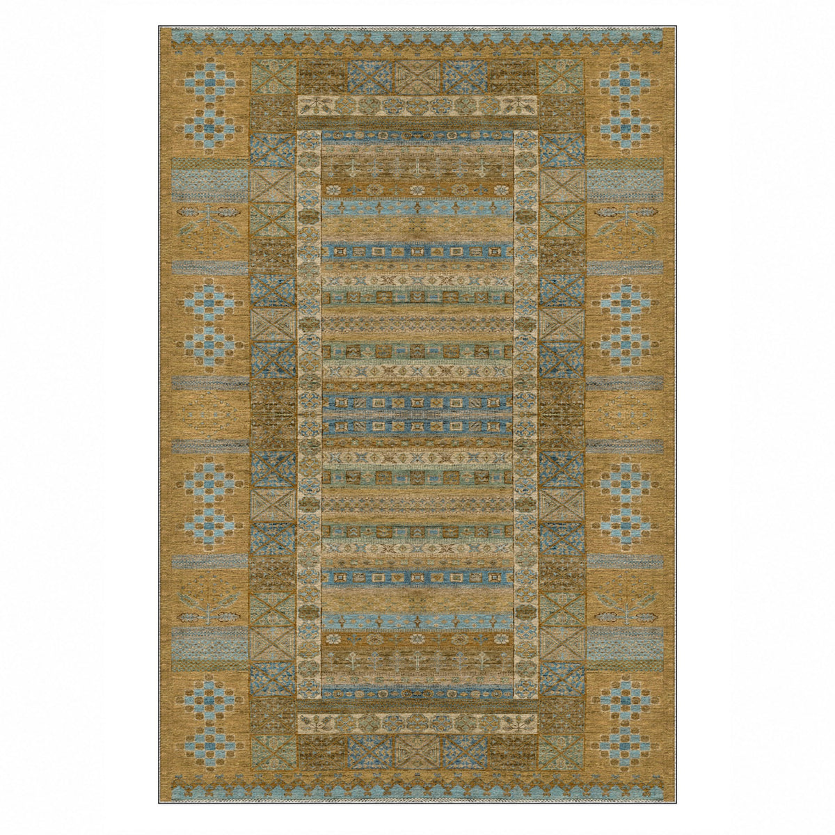 Tribal Stripe Muted Gold Ethnic Washable Rug — top view