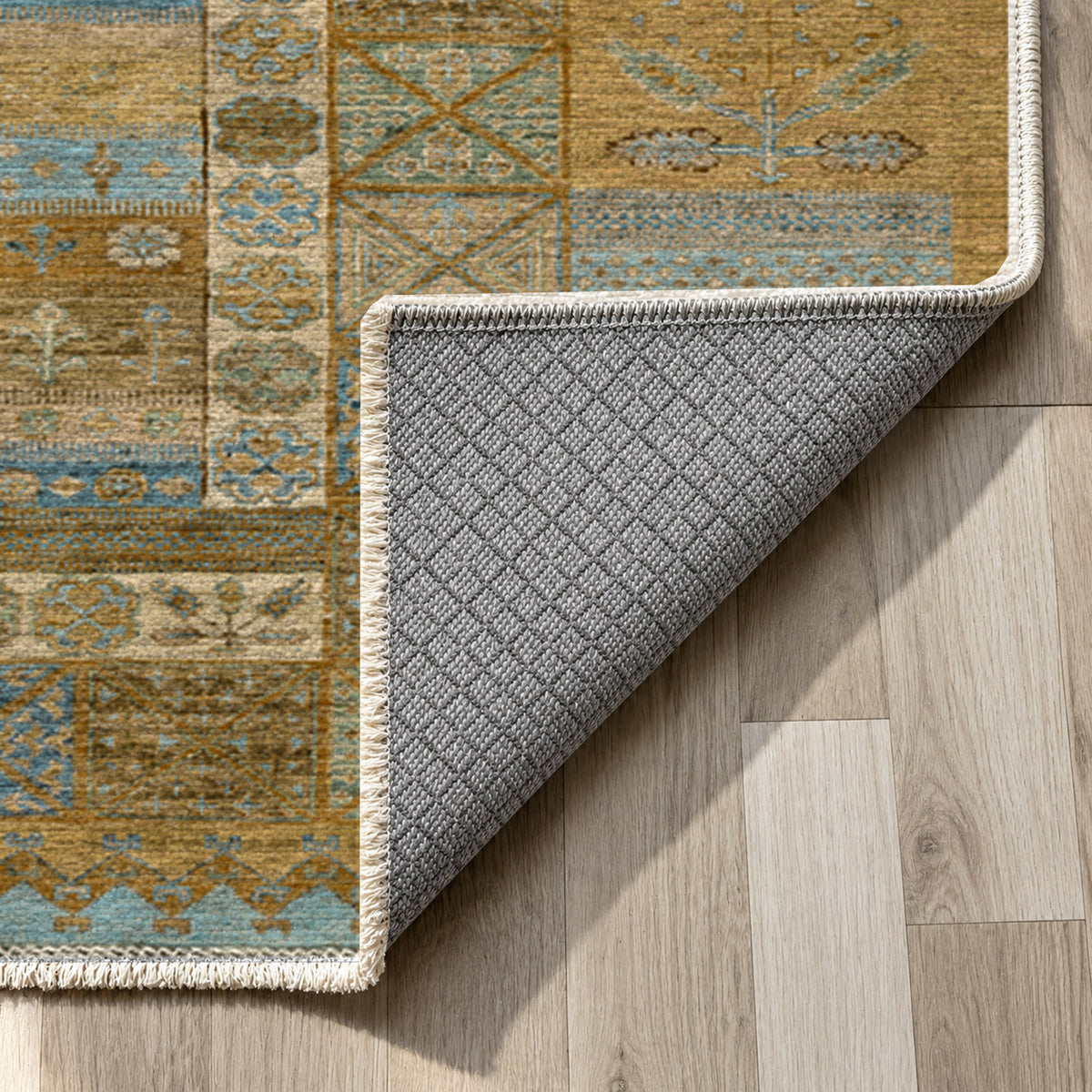 Tribal Stripe Muted Gold Ethnic Washable Rug — backing close up