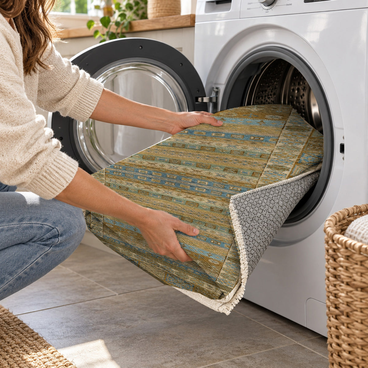 Tribal Stripe Muted Gold Ethnic Washable Rug — washing machine