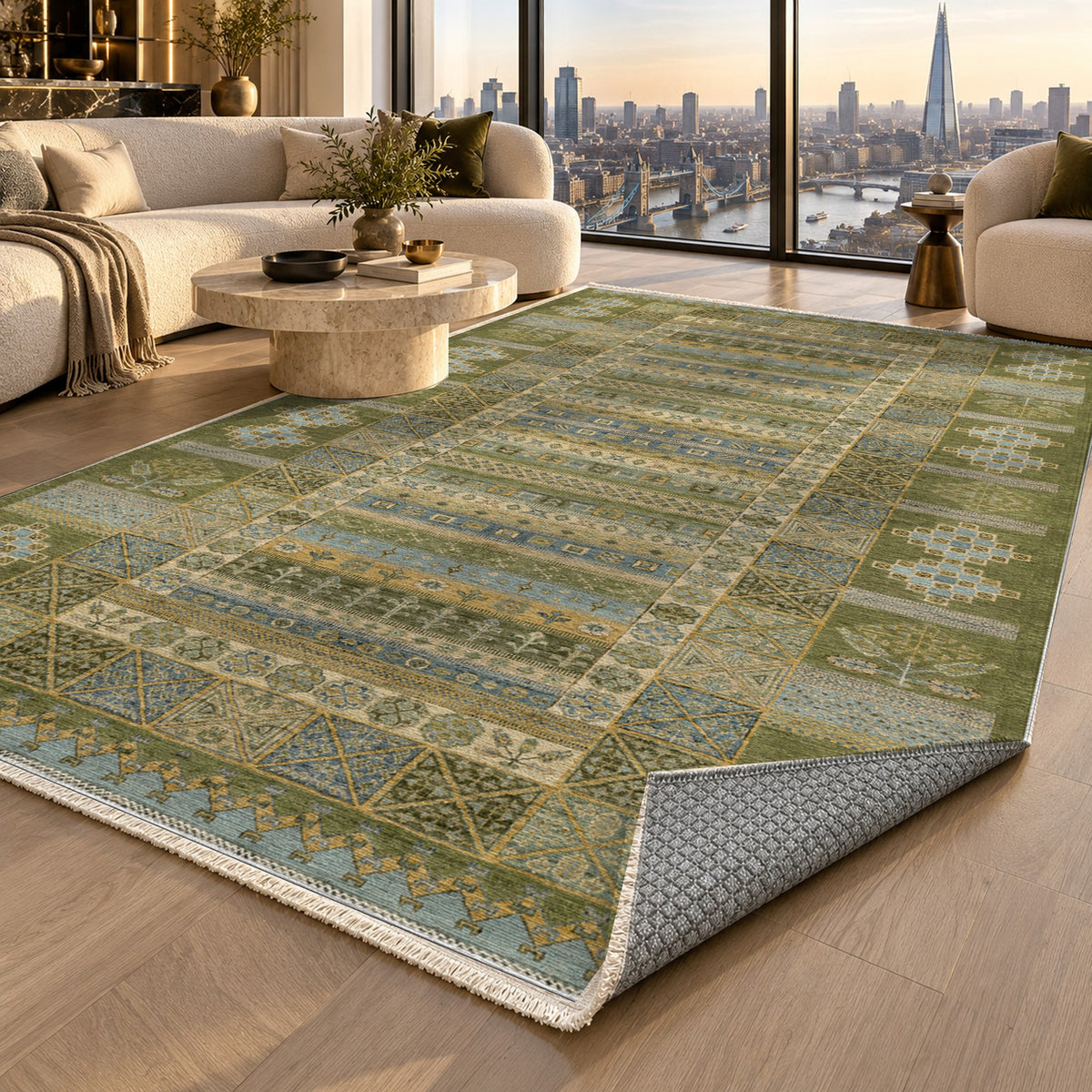 Tribal Stripe Olive Ethnic Washable Rug — london luxury living
