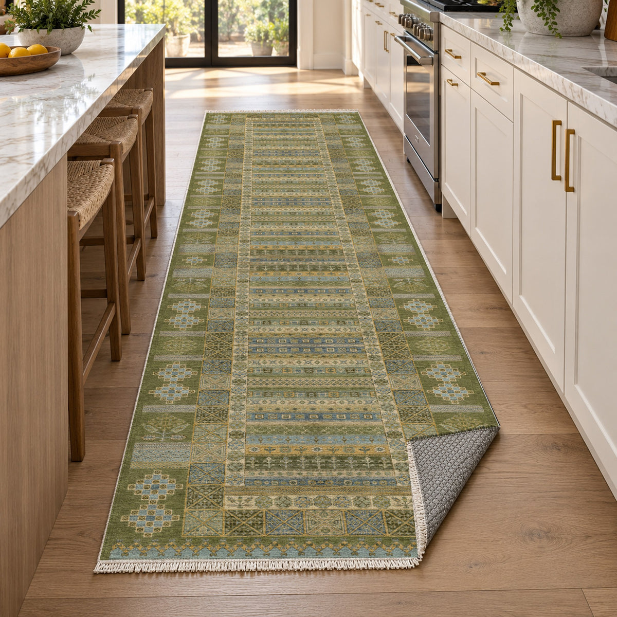 Tribal Stripe Olive Ethnic Washable Rug — new york kitchen runner
