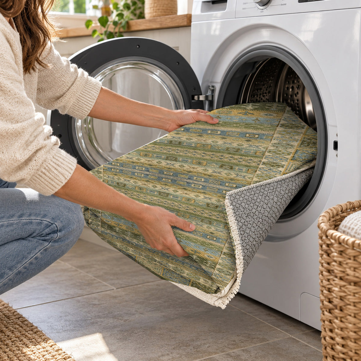 Tribal Stripe Olive Ethnic Washable Rug — washing machine