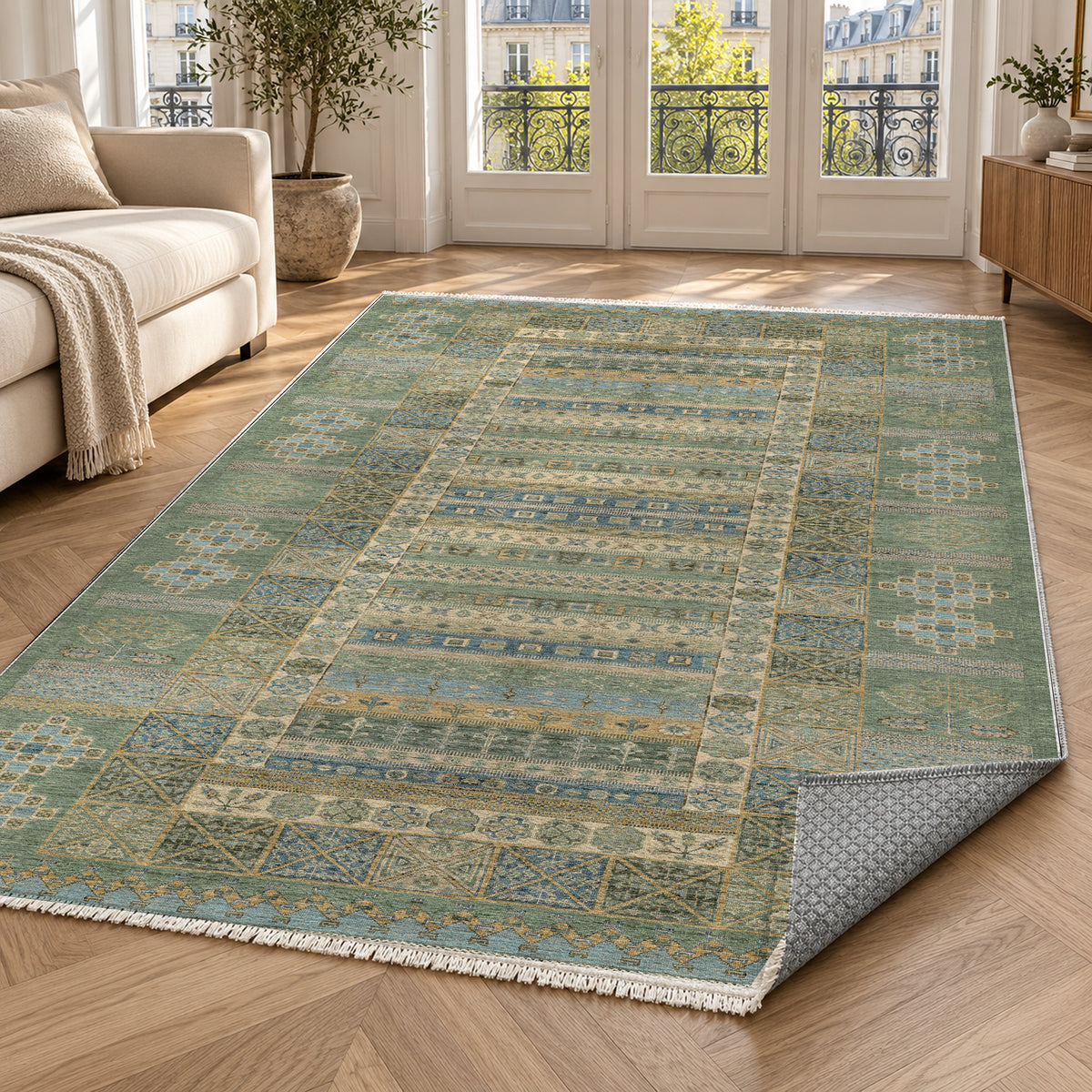 Tribal Stripe Sage Ethnic Washable Rug — paris living