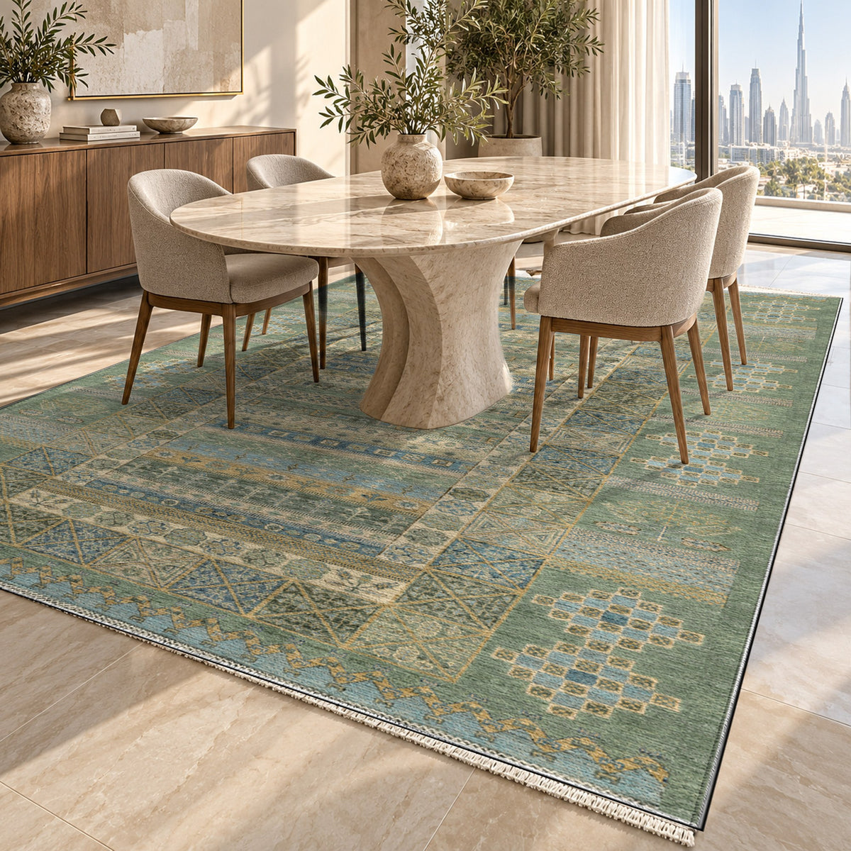 Tribal Stripe Sage Ethnic Washable Rug — dubai dining