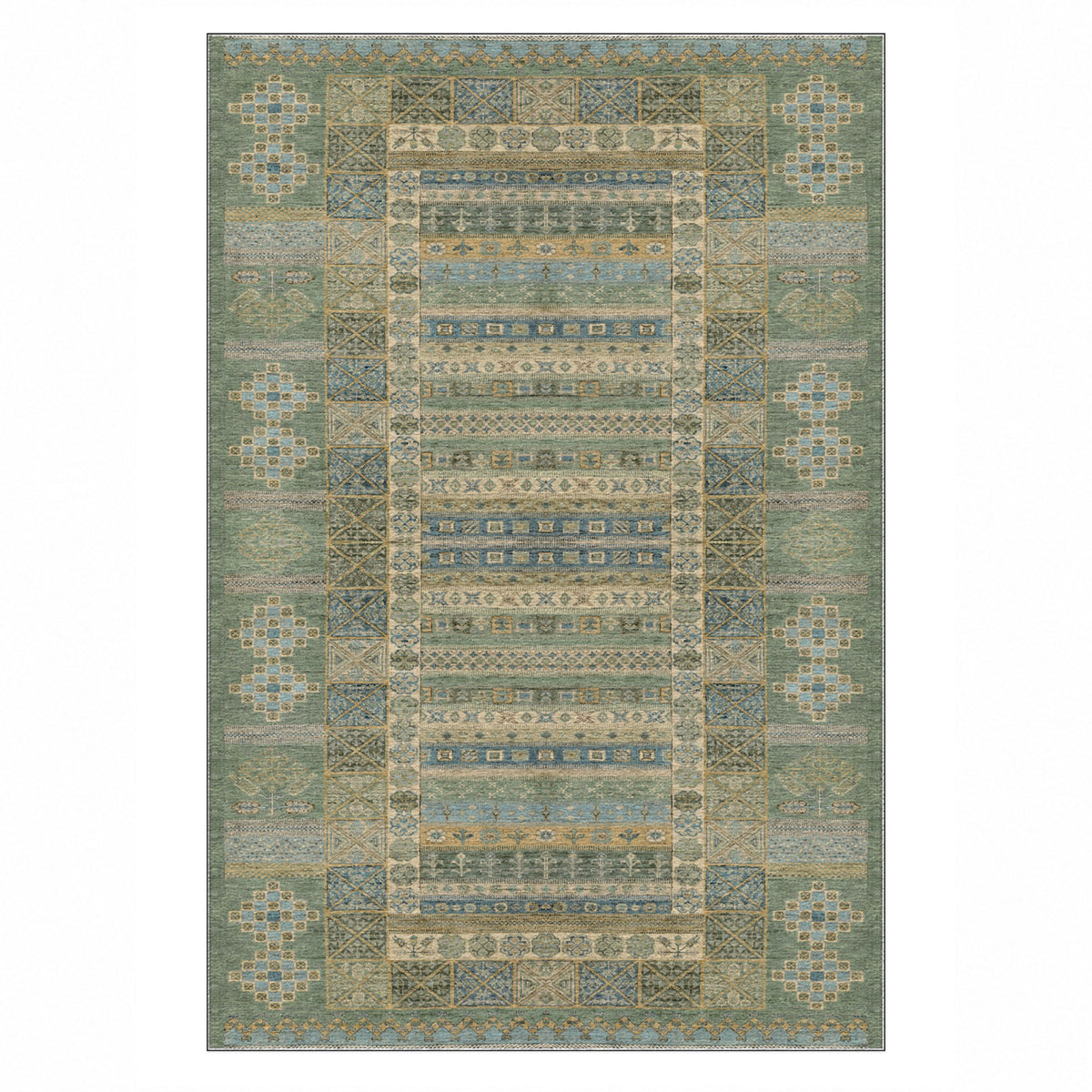 Tribal Stripe Sage Ethnic Washable Rug — top view