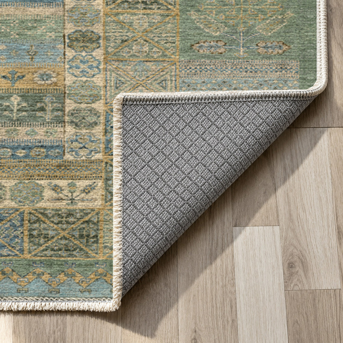 Tribal Stripe Sage Ethnic Washable Rug — backing close up