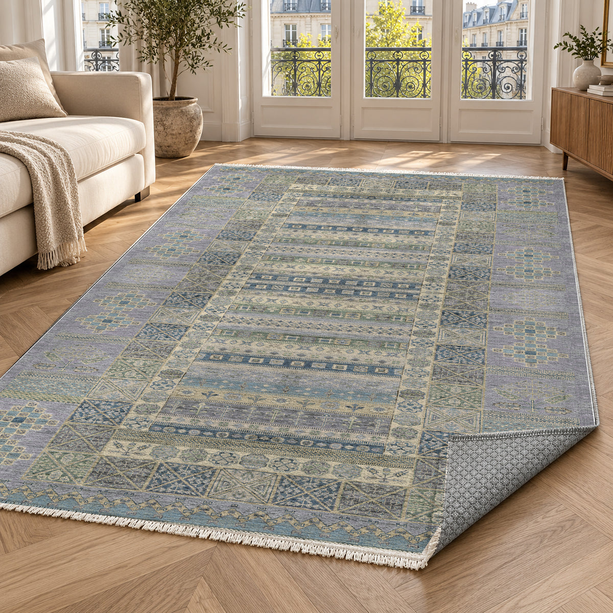 Tribal Stripe Silver Grey Ethnic Washable Rug — paris living