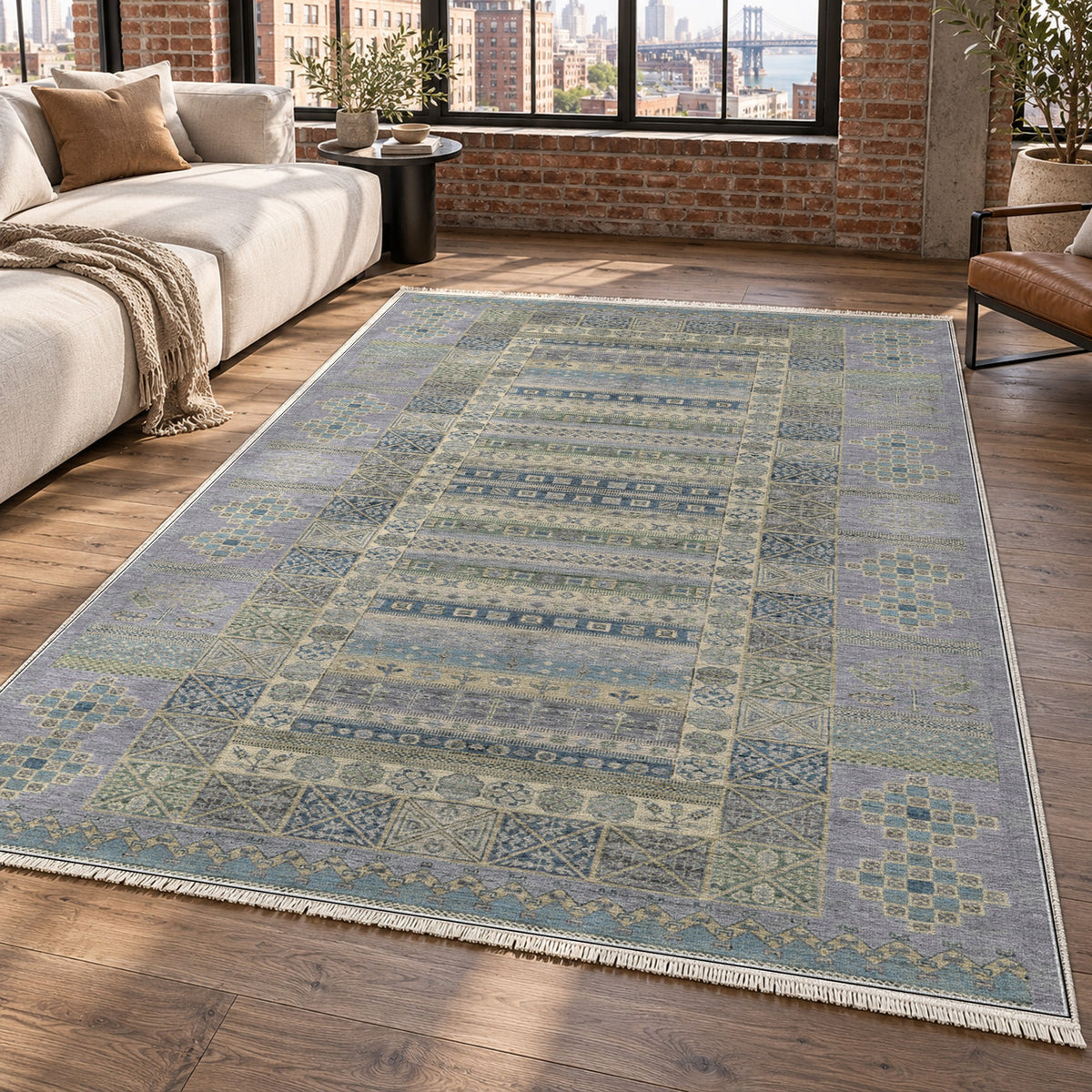 Tribal Stripe Silver Grey Ethnic Washable Rug — new york living