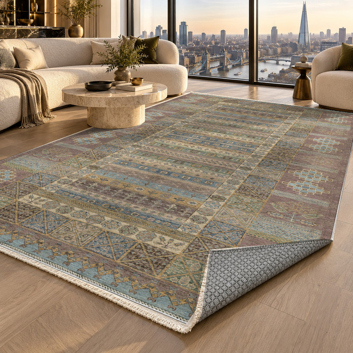 Tribal Stripe Taupe Ethnic Washable Rug — london luxury living