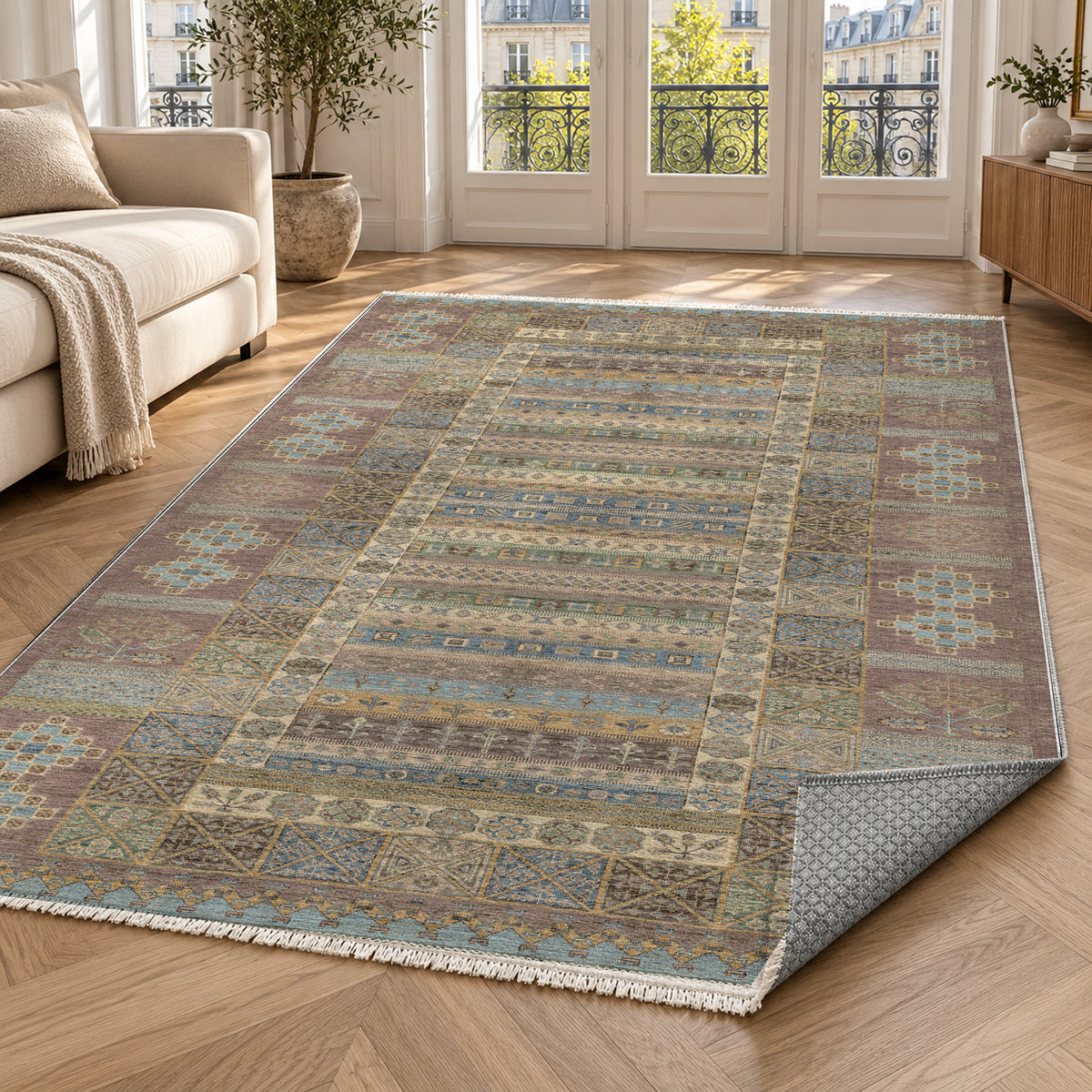 Tribal Stripe Taupe Ethnic Washable Rug — paris living