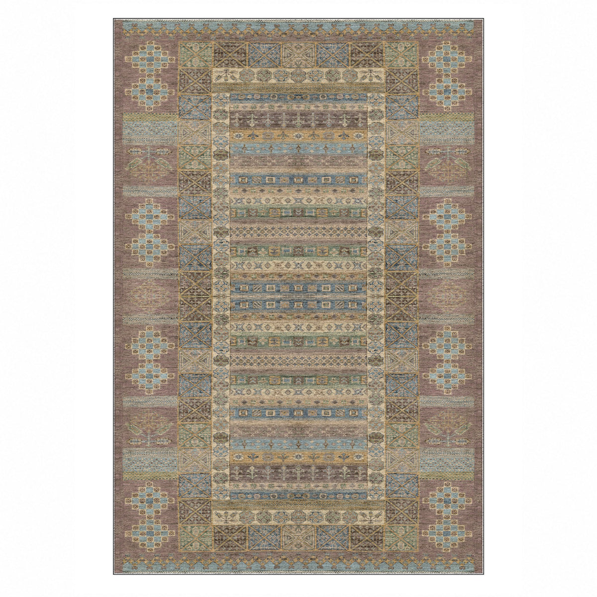 Tribal Stripe Taupe Ethnic Washable Rug — top view