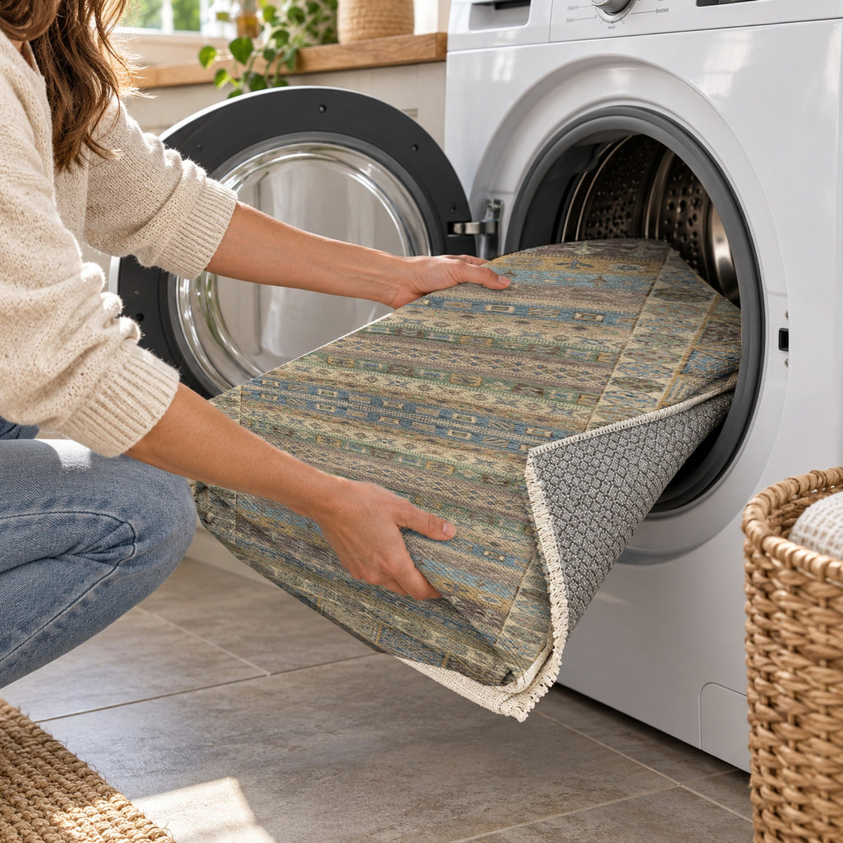 Tribal Stripe Taupe Ethnic Washable Rug — washing machine