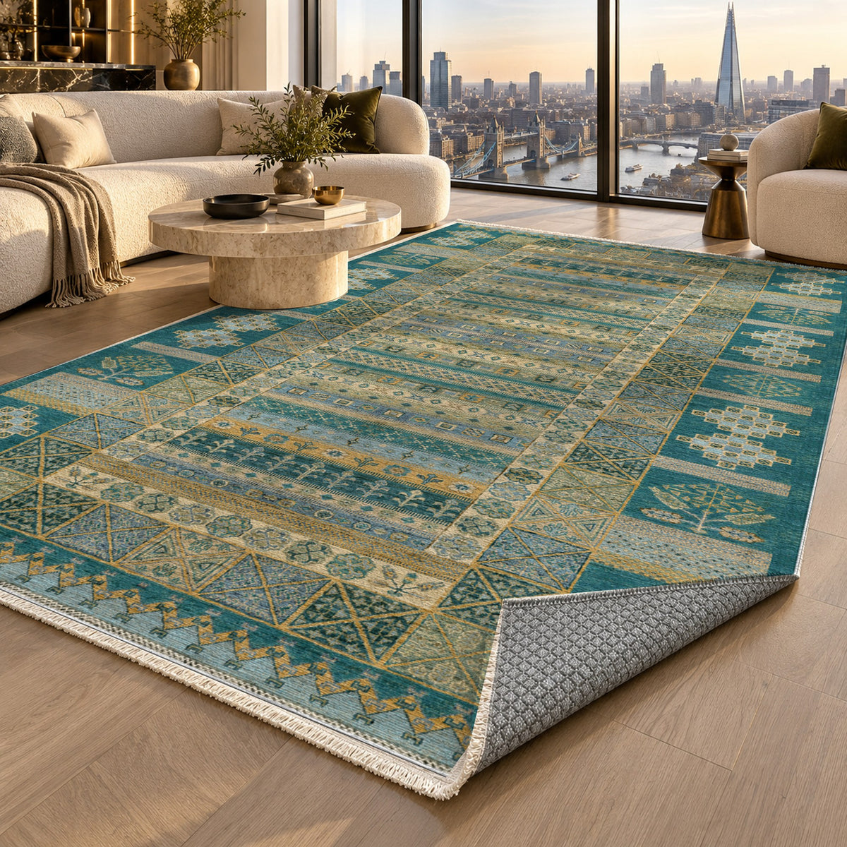 Tribal Stripe Teal Ethnic Washable Rug — london luxury living