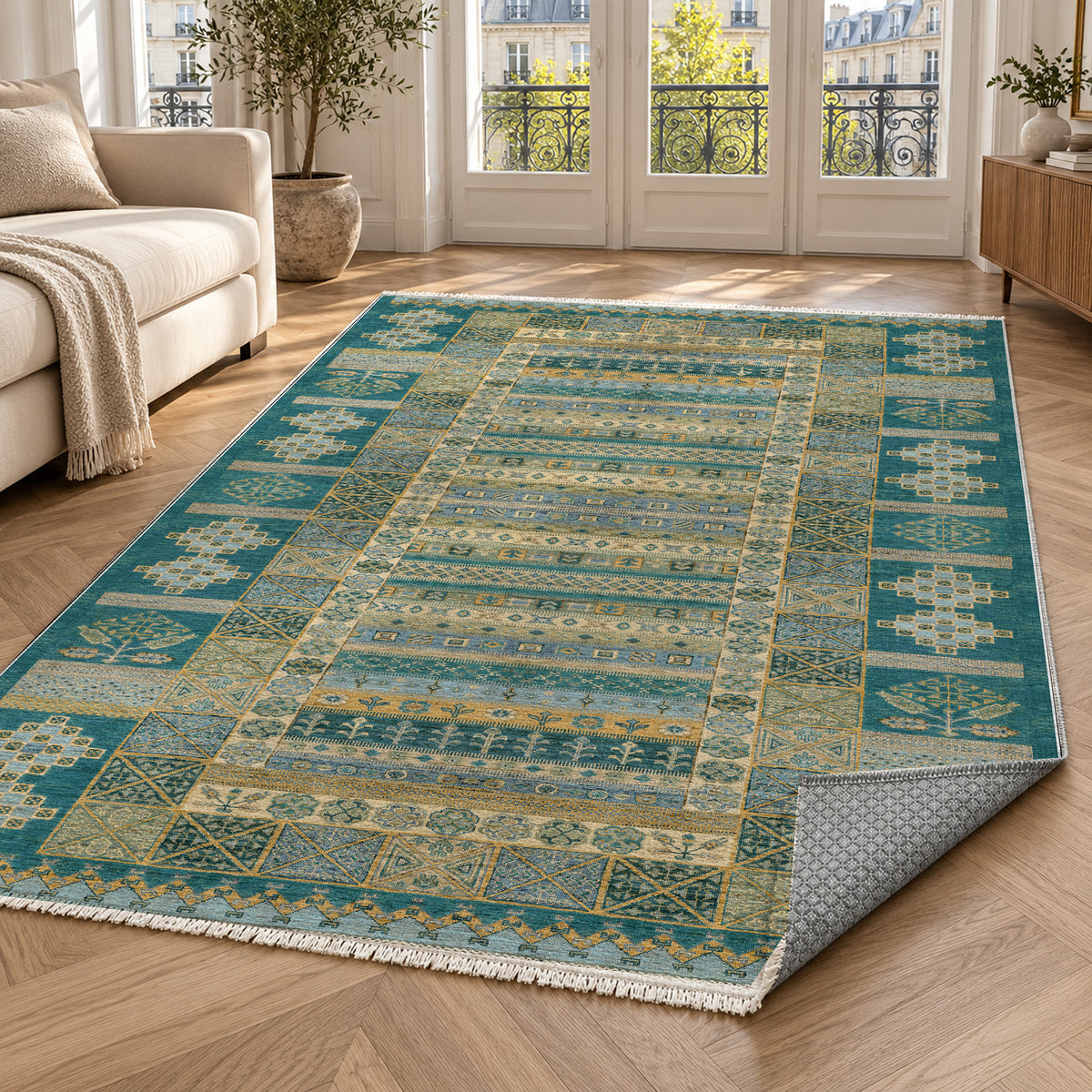 Tribal Stripe Teal Ethnic Washable Rug — paris living