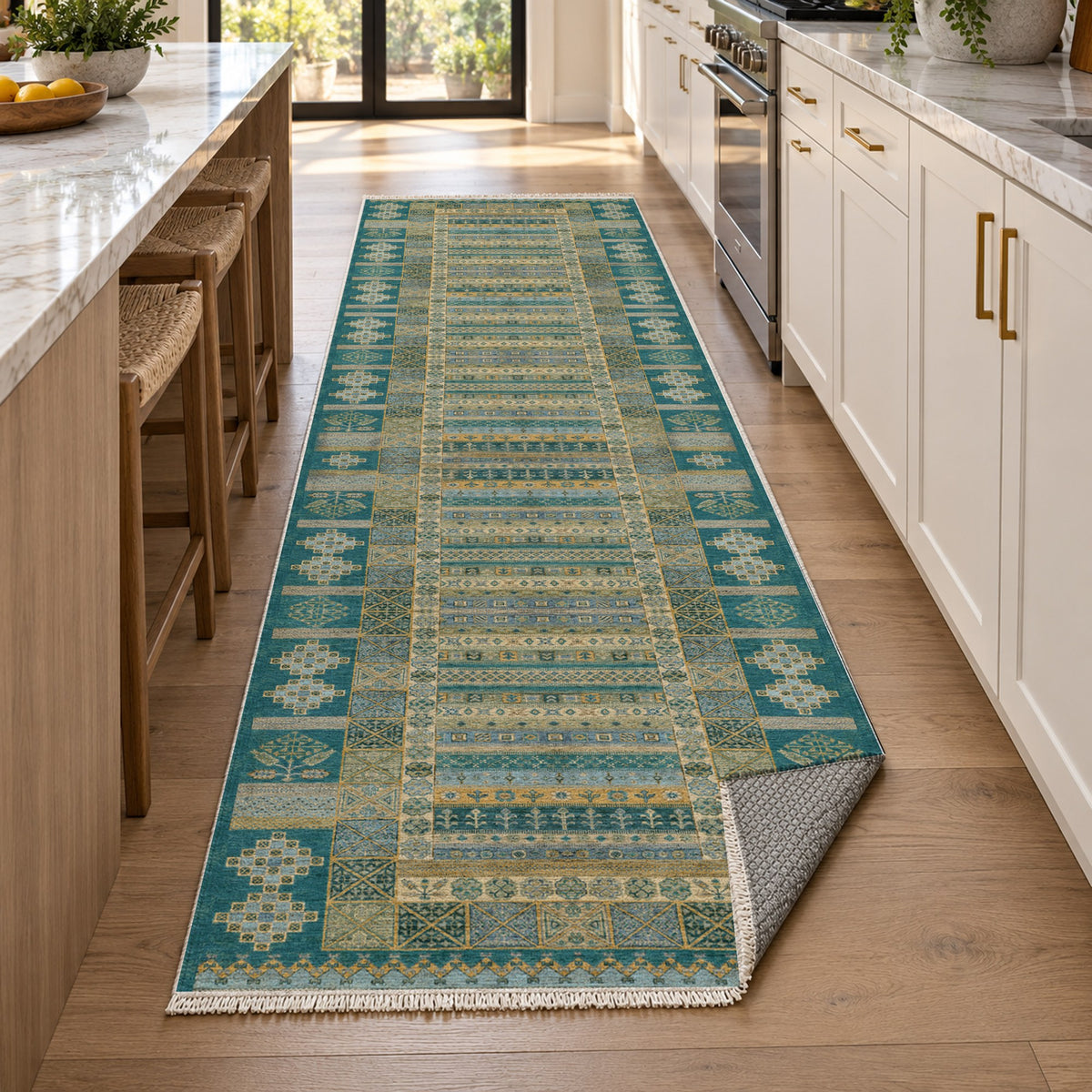 Tribal Stripe Teal Ethnic Washable Rug — new york kitchen runner