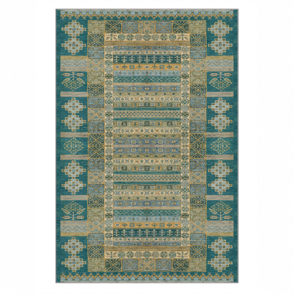 Tribal Stripe Teal Ethnic Washable Rug — top view