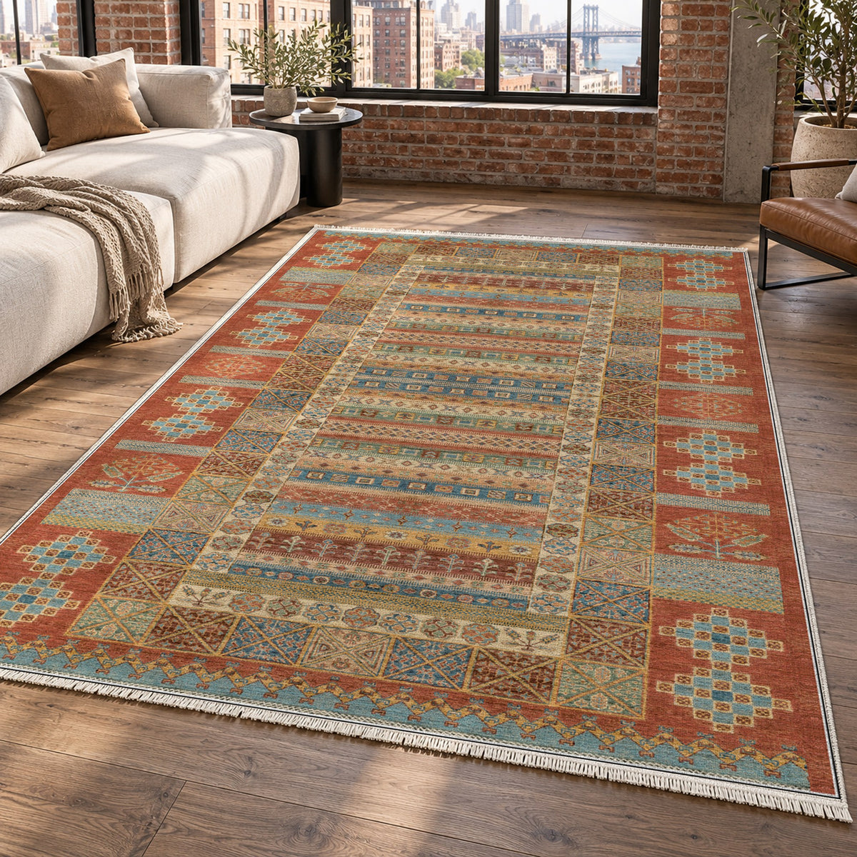 Tribal Stripe Terracotta Ethnic Washable Rug — new york living