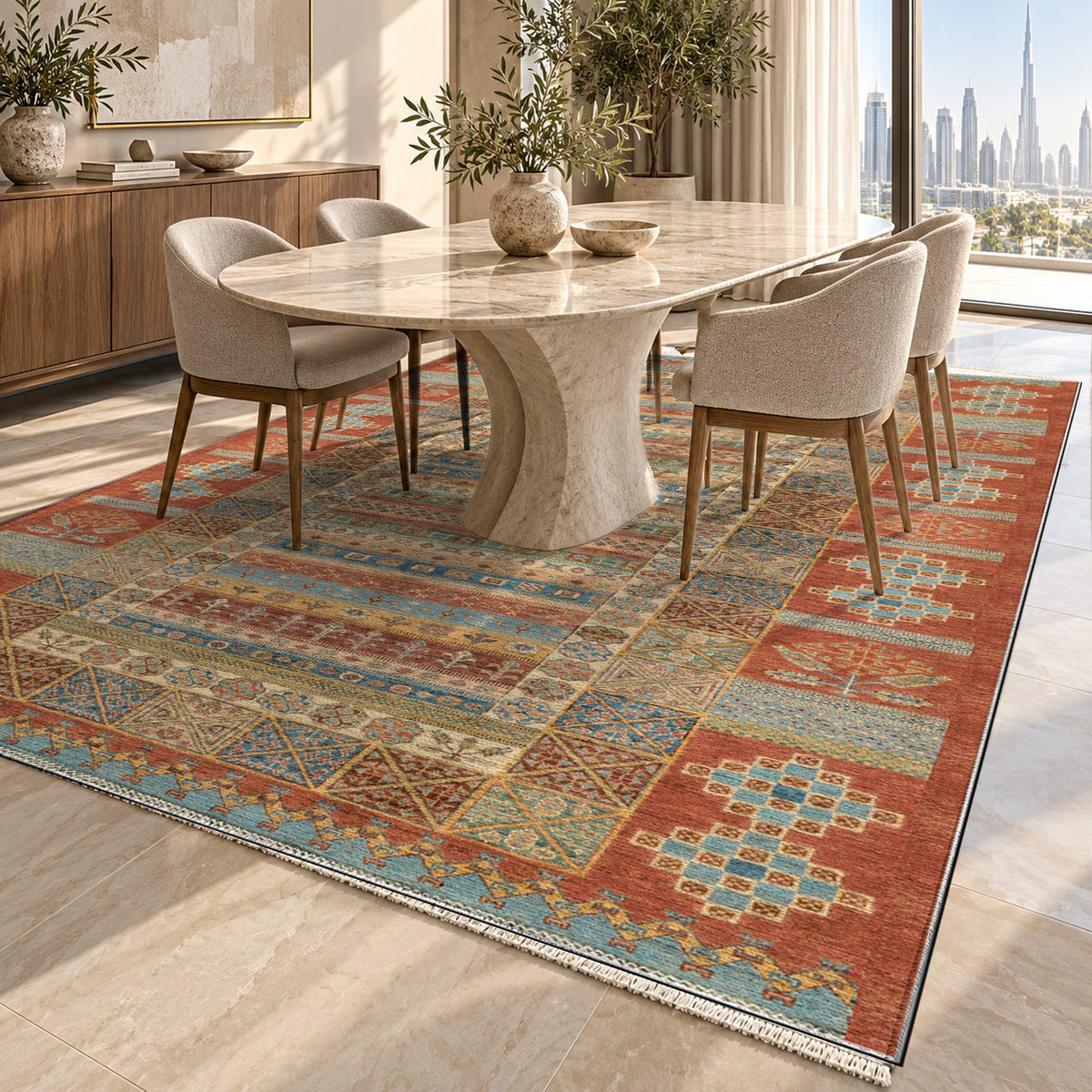 Tribal Stripe Terracotta Ethnic Washable Rug — dubai dining