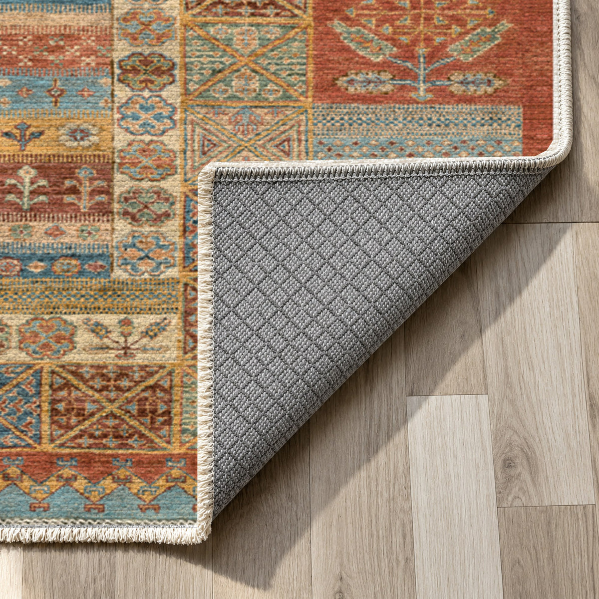 Tribal Stripe Terracotta Ethnic Washable Rug — backing close up