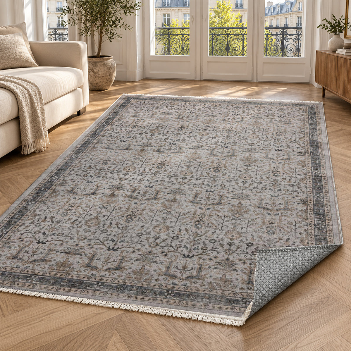 Tuileries Slate Floral Washable Rug — paris living