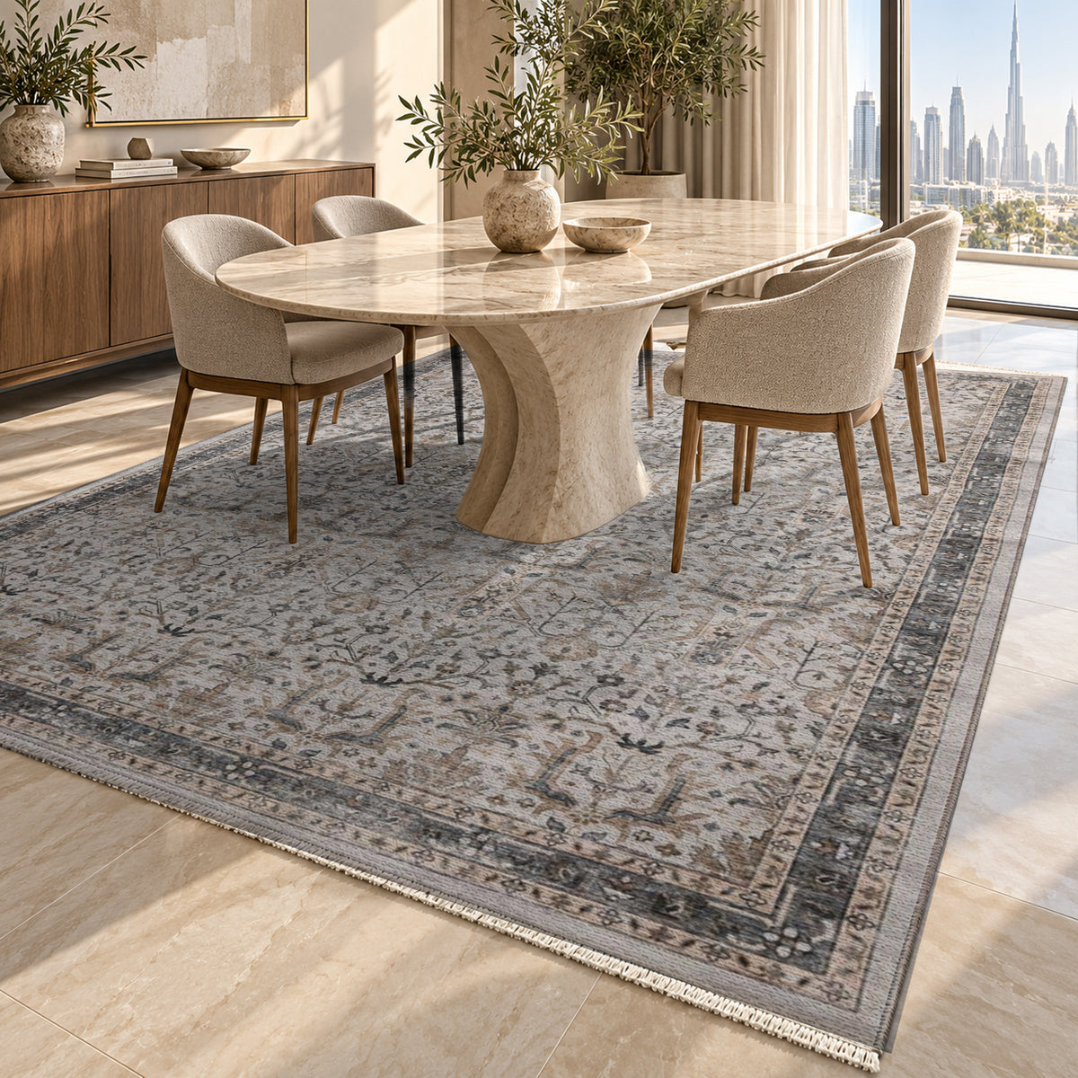 Tuileries Slate Floral Washable Rug — dubai dining