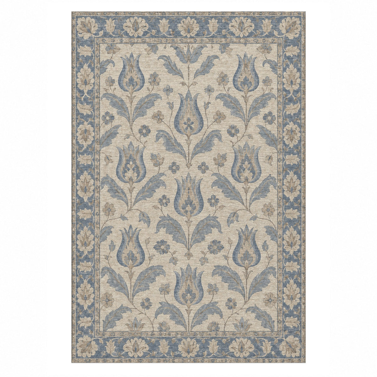 Tulip Meadow Blue Ivory Classic Washable Rug — top view