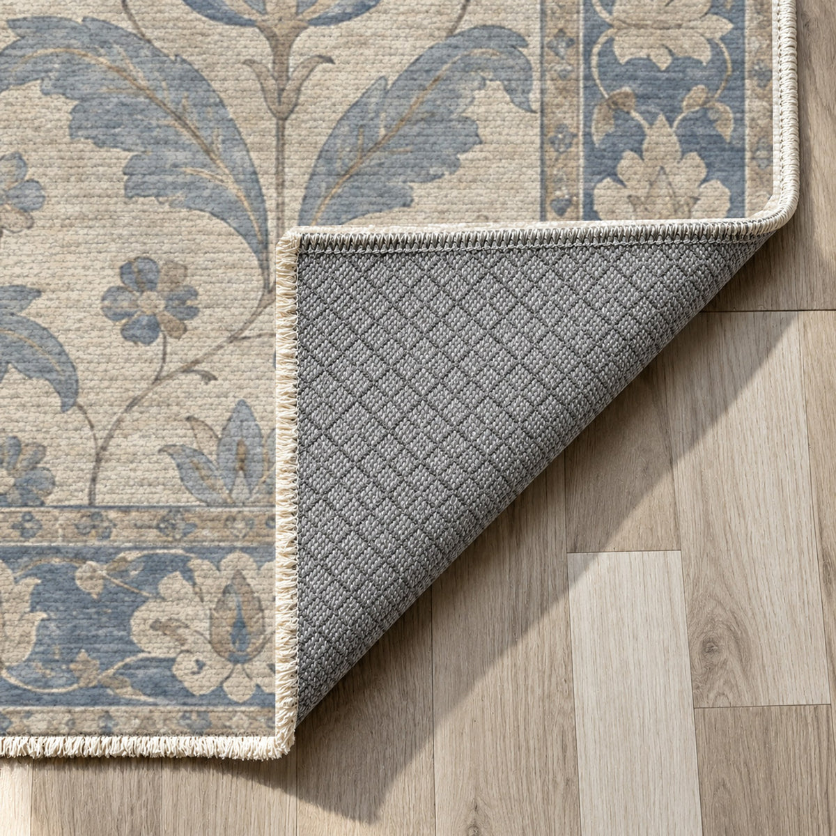 Tulip Meadow Blue Ivory Classic Washable Rug — backing close up