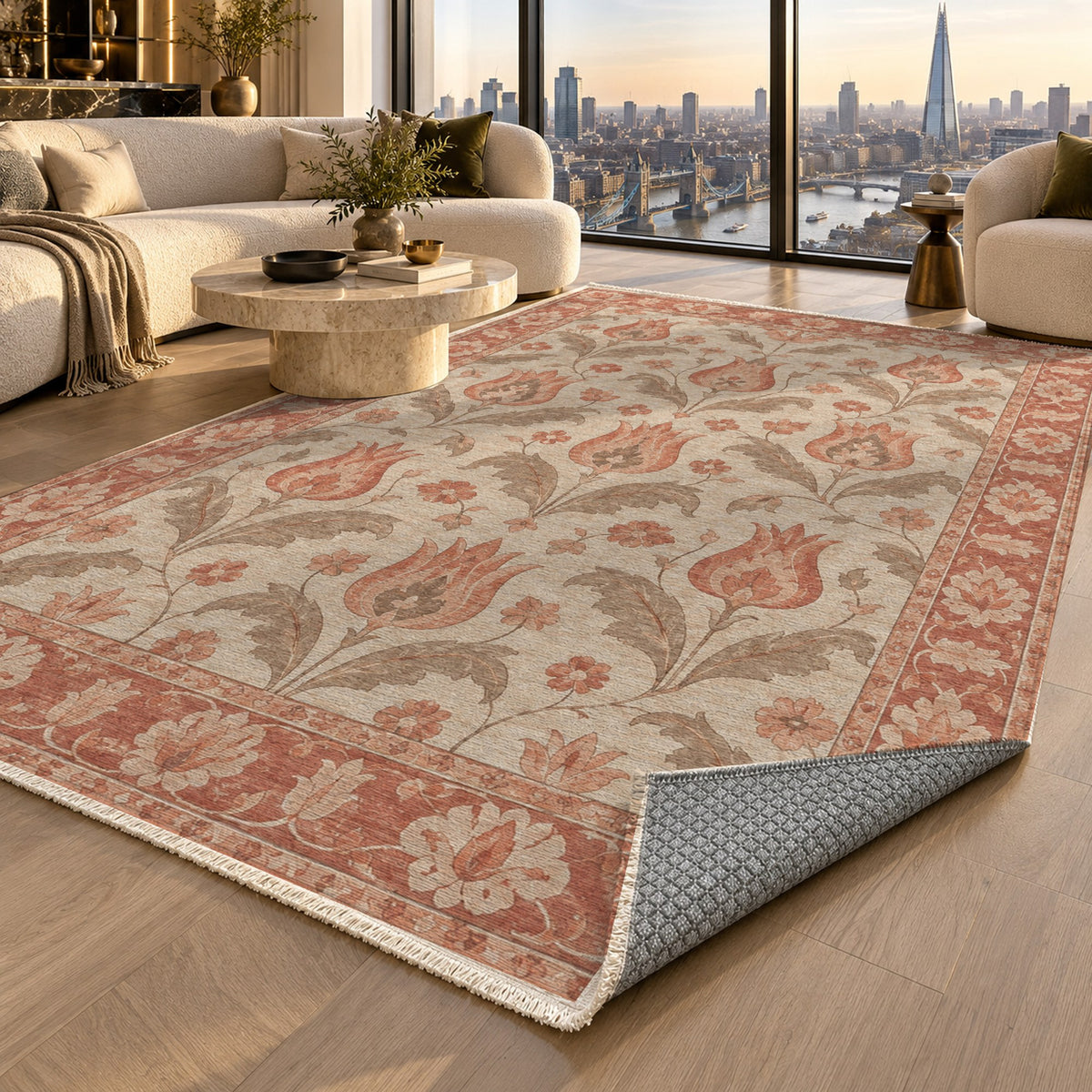 Tulip Meadow Coral Sand Classic Washable Rug — london luxury living