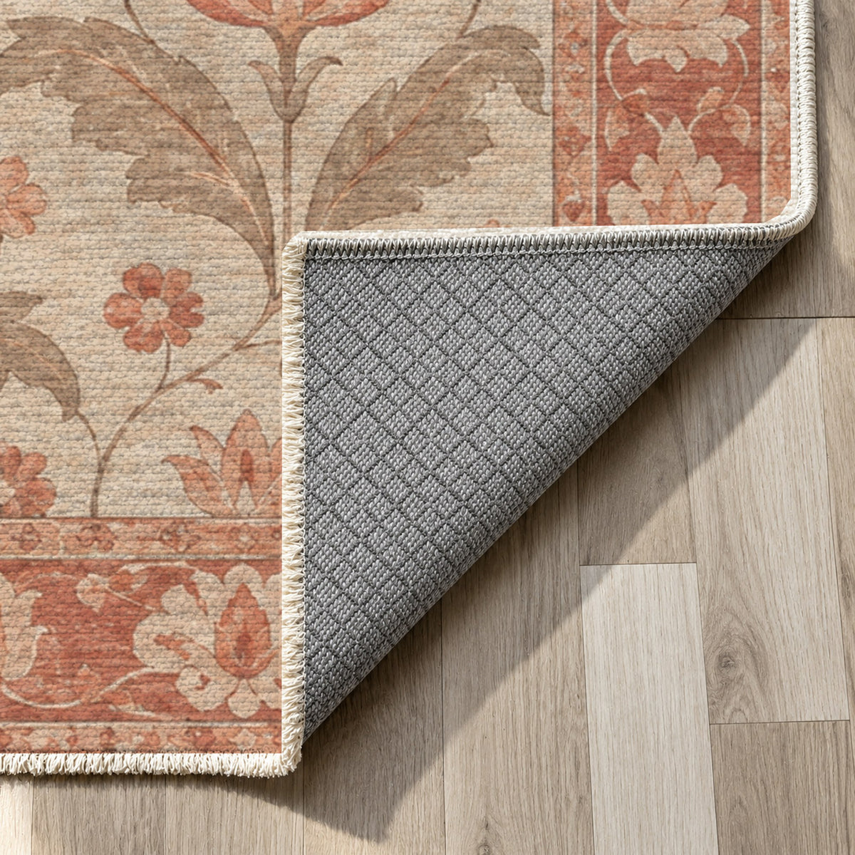 Tulip Meadow Coral Sand Classic Washable Rug — backing close up