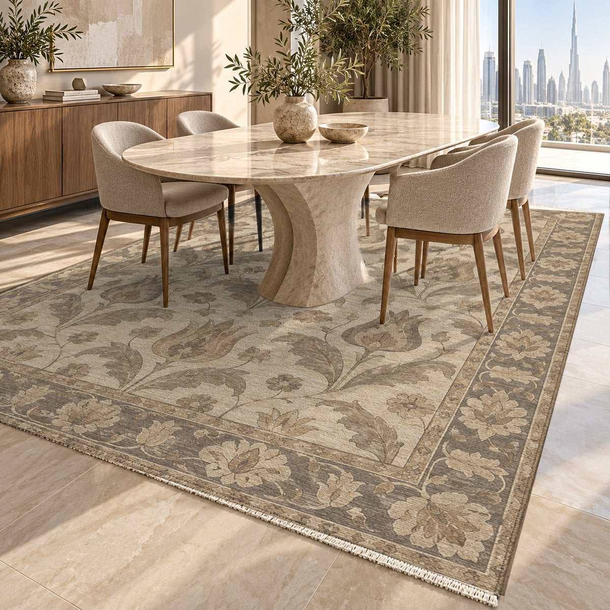 Tulip Meadow Ivory Taupe Classic Washable Rug — dubai dining