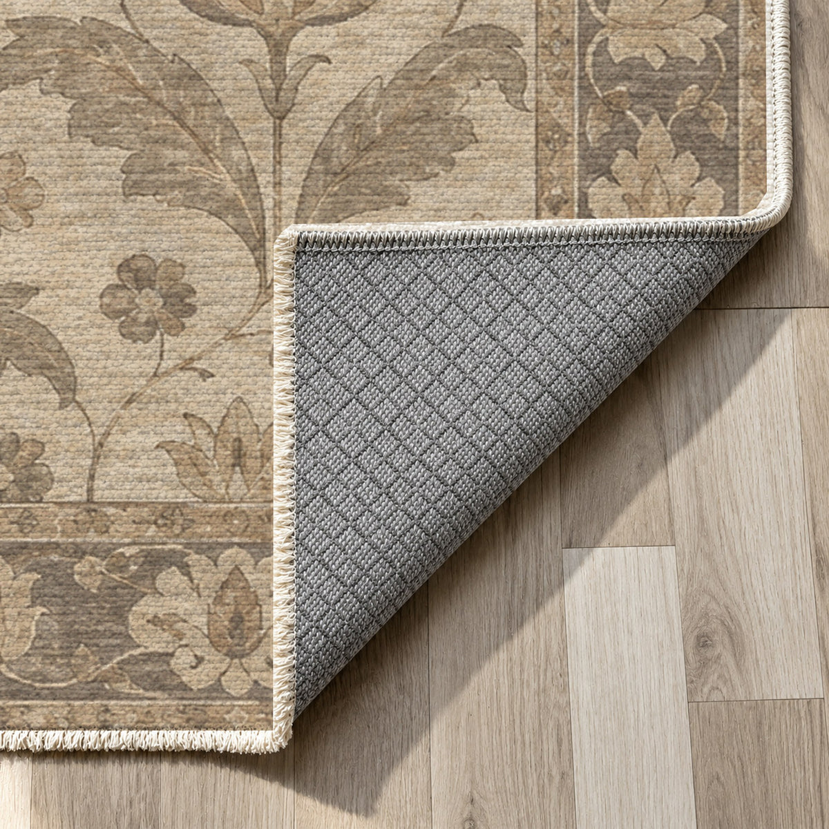 Tulip Meadow Ivory Taupe Classic Washable Rug — backing close up