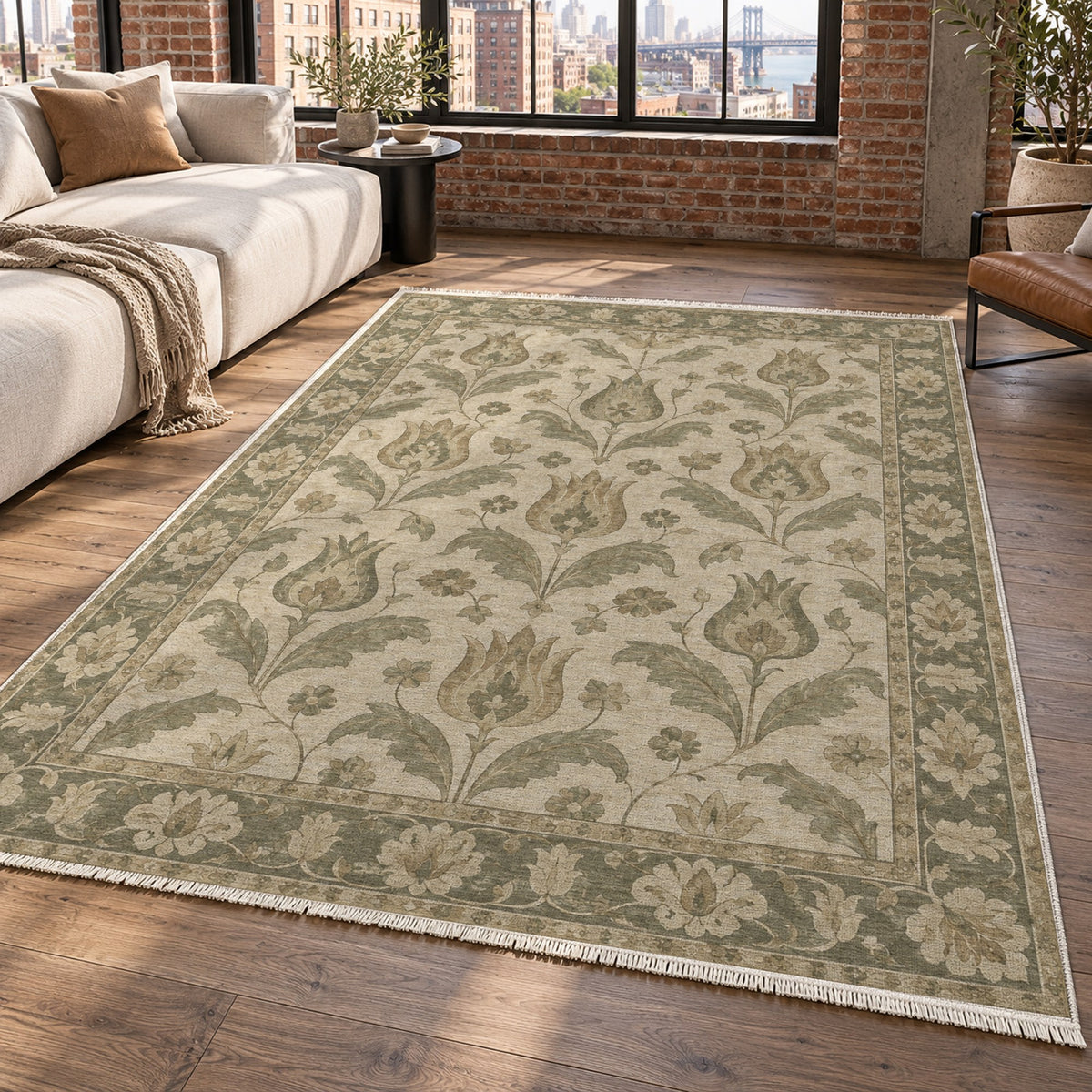 Tulip Meadow Sage Cream Classic Washable Rug — new york living