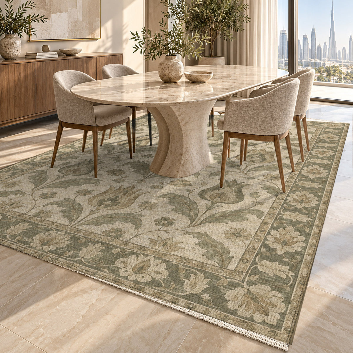 Tulip Meadow Sage Cream Classic Washable Rug — dubai dining