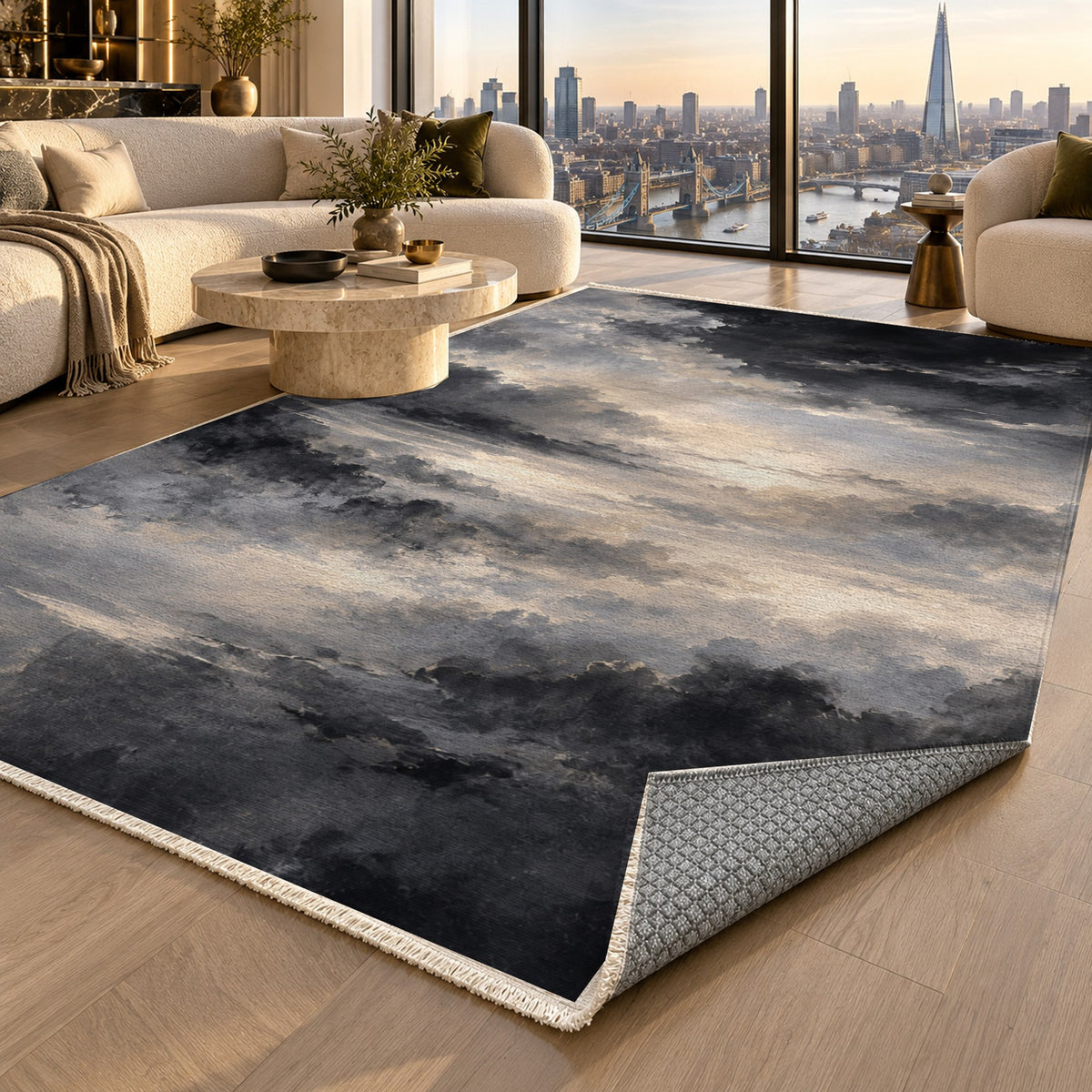Twilight Veil Charcoal Abstract Washable Rug — london luxury living