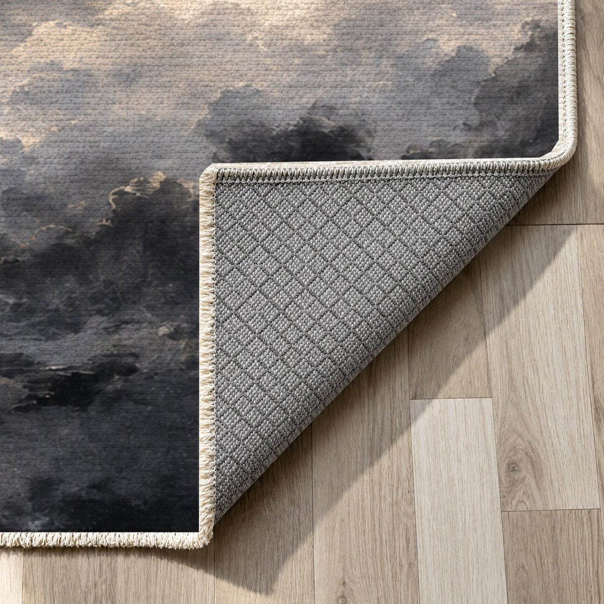 Twilight Veil Charcoal Abstract Washable Rug — backing close up