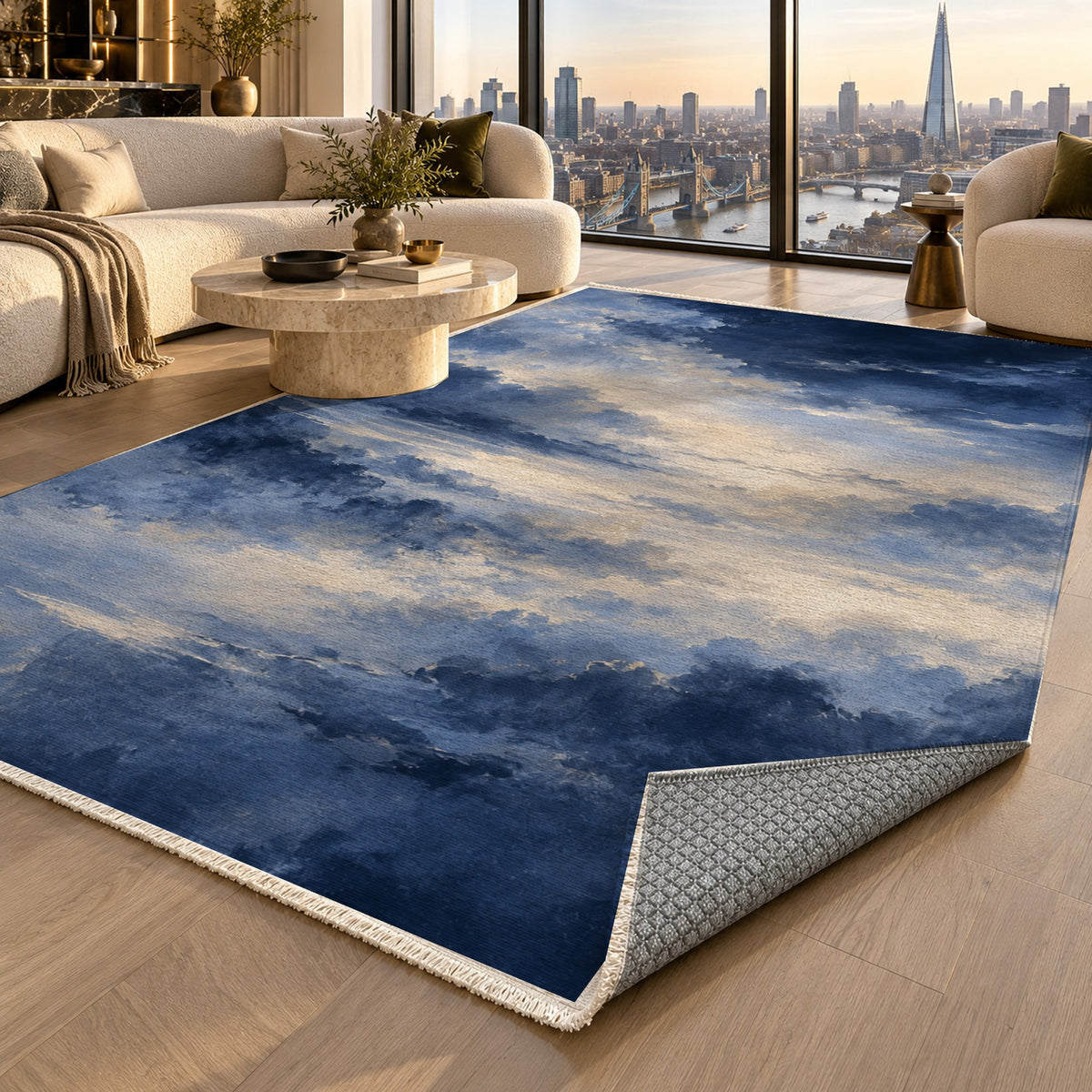 Twilight Veil Indigo Abstract Washable Rug — london luxury living