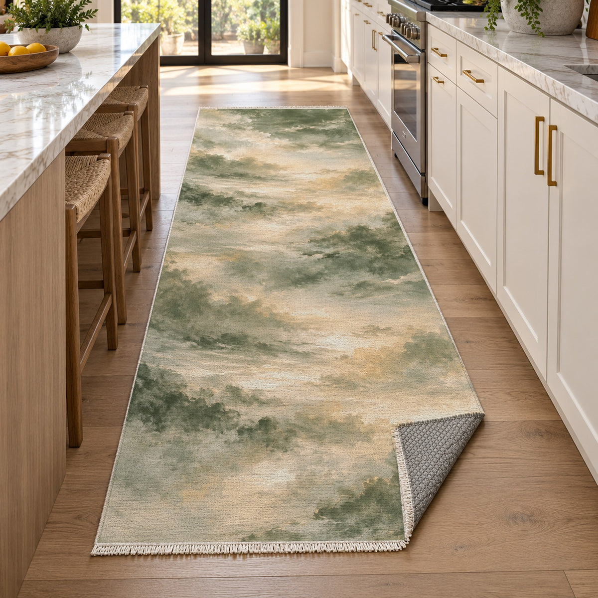Twilight Veil Sage Abstract Washable Rug — new york kitchen runner