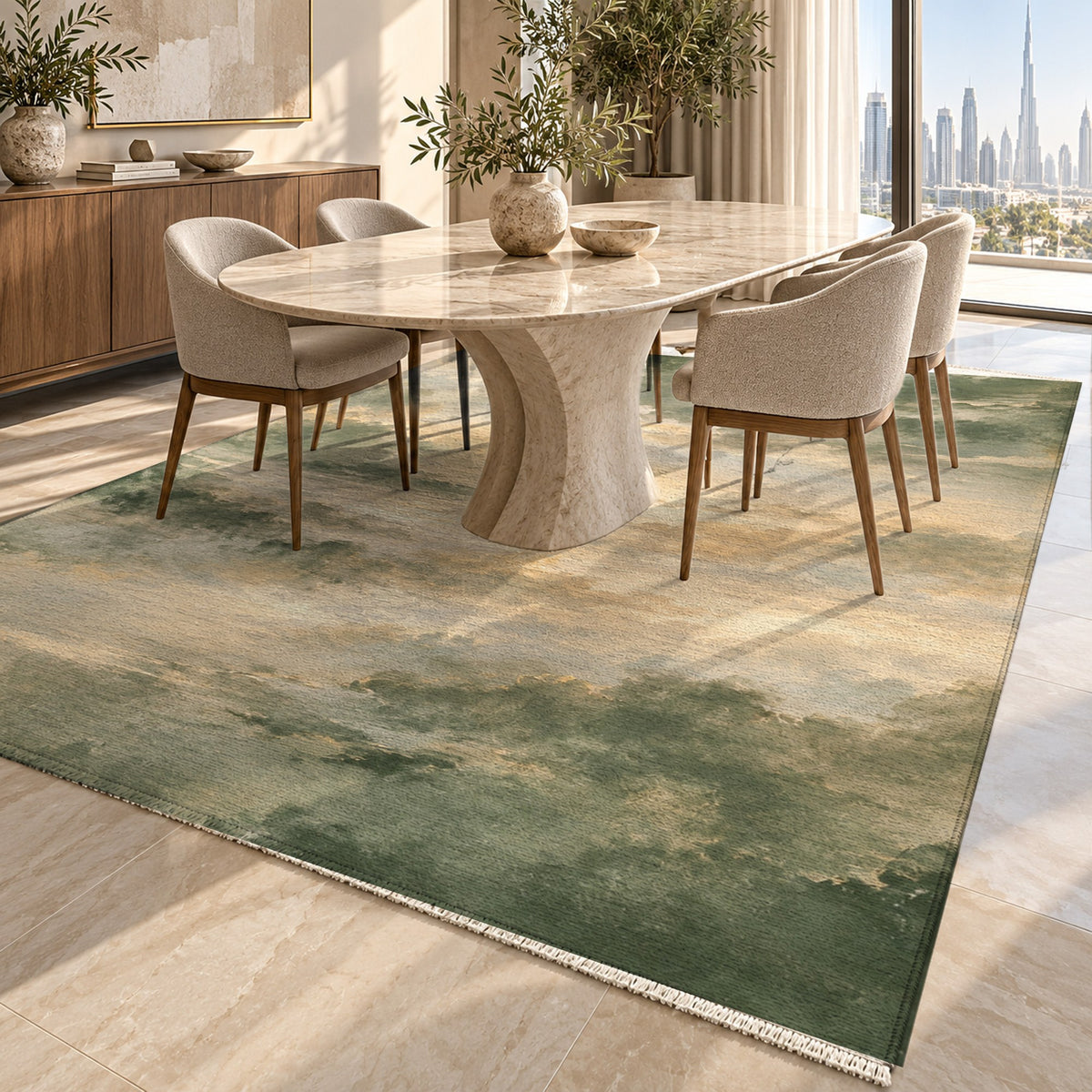 Twilight Veil Sage Abstract Washable Rug — dubai dining