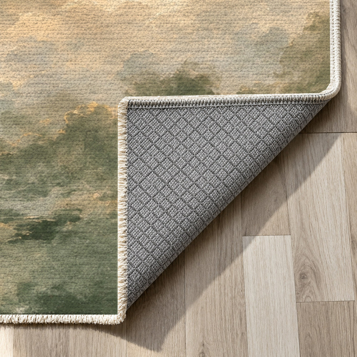 Twilight Veil Sage Abstract Washable Rug — backing close up