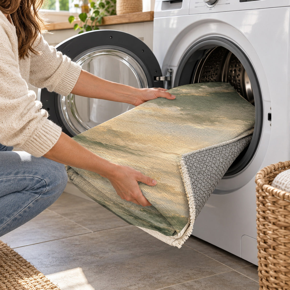 Twilight Veil Sage Abstract Washable Rug — washing machine