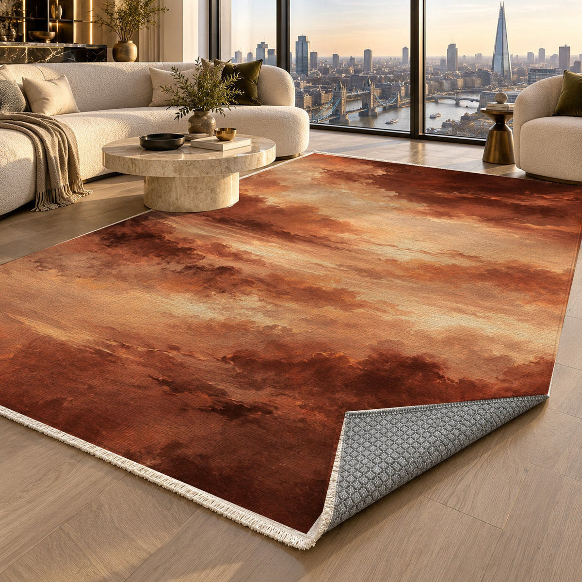 Twilight Veil Terracotta Abstract Washable Rug — london luxury living