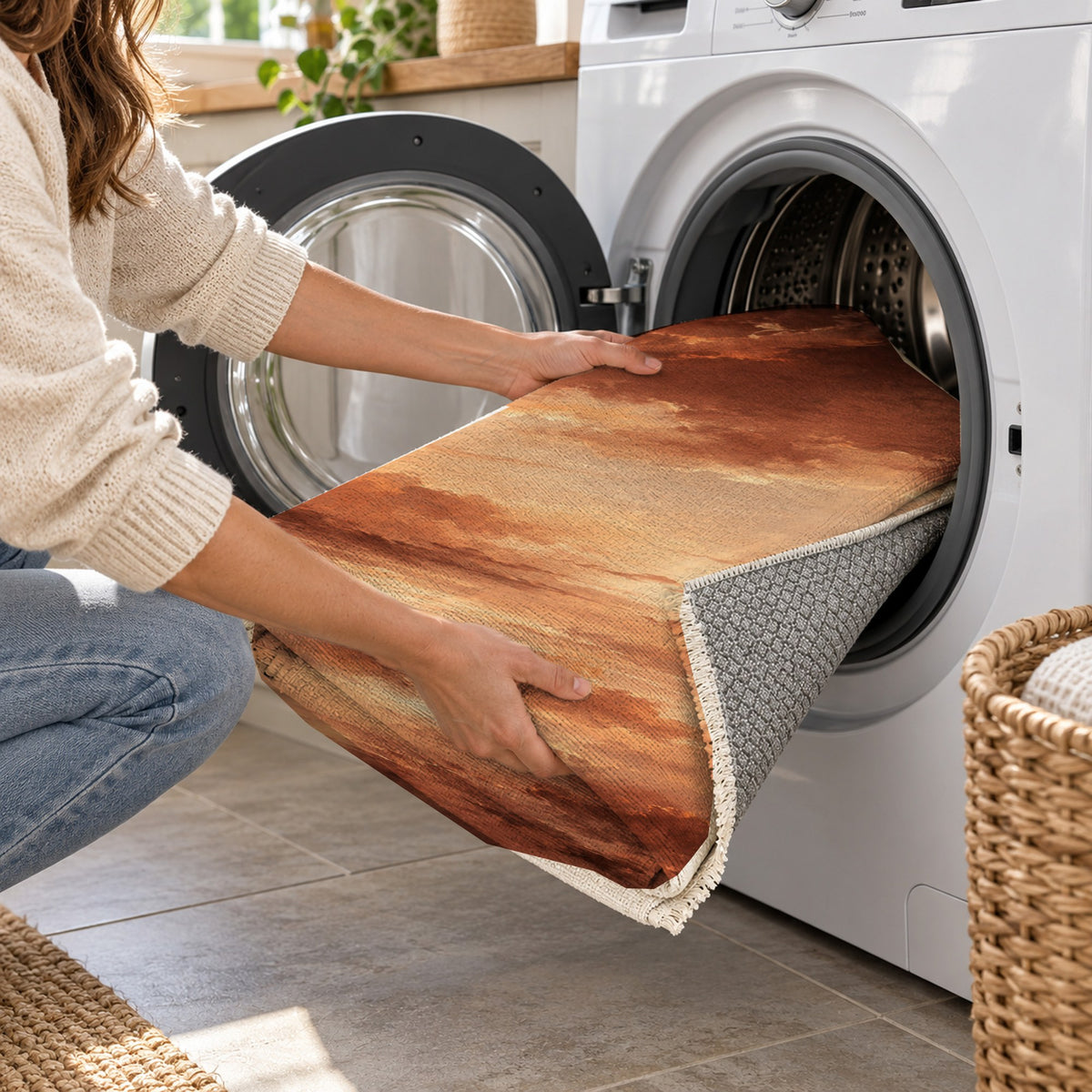 Twilight Veil Terracotta Abstract Washable Rug — washing machine