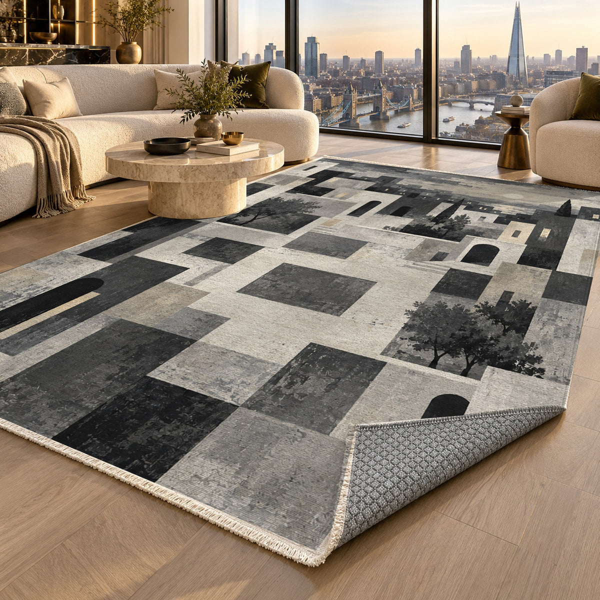 Urban Courtyard Charcoal Modern Washable Rug — london luxury living
