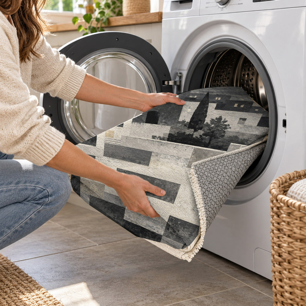Urban Courtyard Charcoal Modern Washable Rug — washing machine