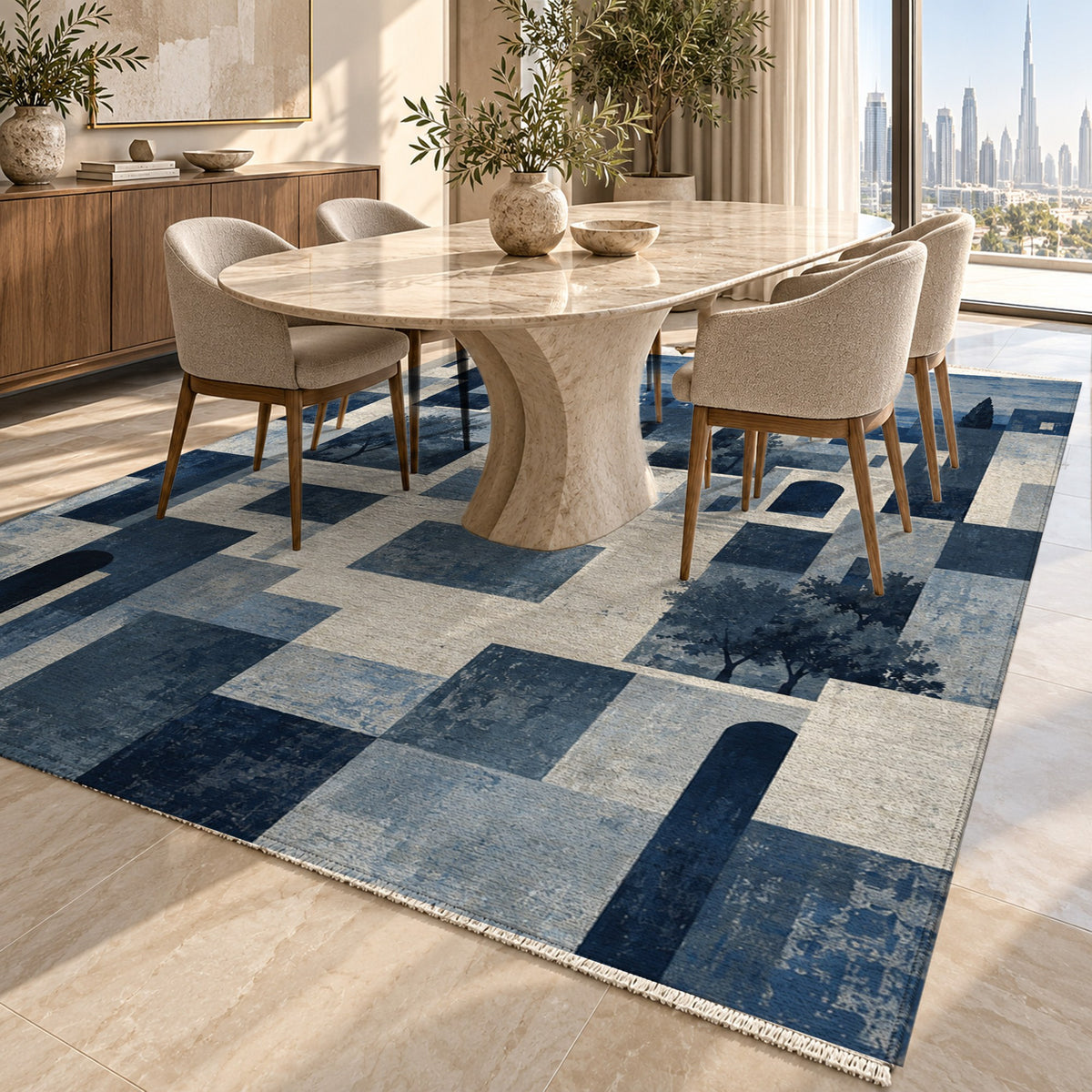 Urban Courtyard Indigo Modern Washable Rug — dubai dining