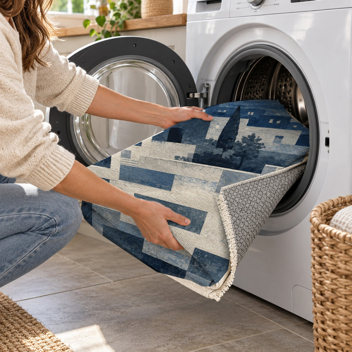 Urban Courtyard Indigo Modern Washable Rug — washing machine